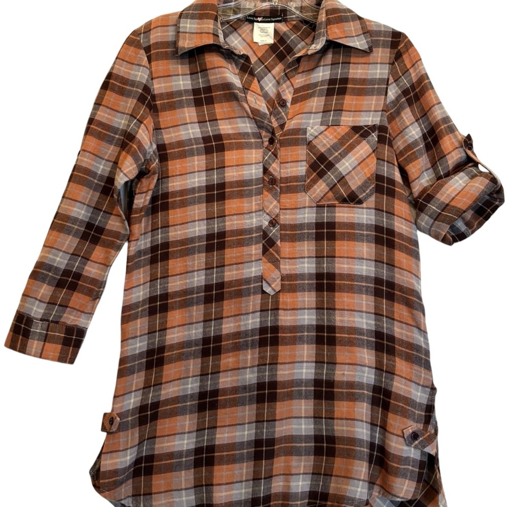 Y2K Love Squared Brown, Orange and Gray Plaid Roll Sleeve Button Up Tunic Top S